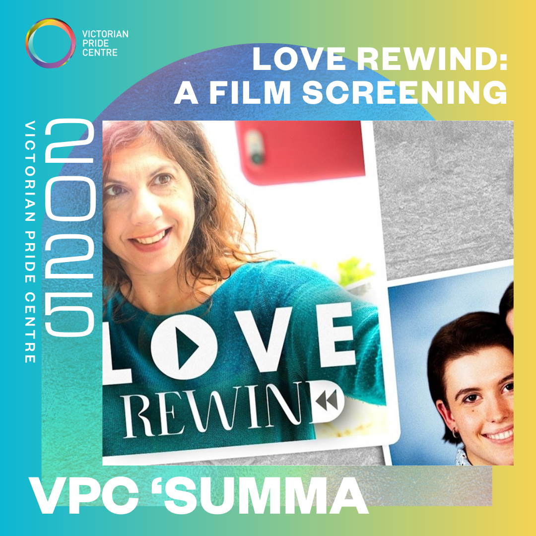 Love Rewind poster for VPC 'SUMMA with a collage of two different images in the centre around the VPC 'SUMMA branding. Both images in the centre are of two different people smiling.