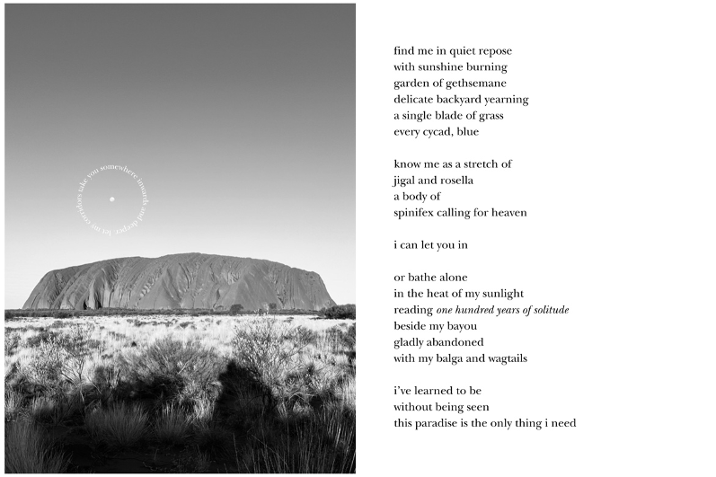 Bebe Oliver's work more than these bones, featuring written poetry alongside a black-and-white long portrait image of Uluru.