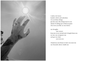 more than these bones second imagery of poetry beside a black and white portrait image of a persons hand reaching up to the sun