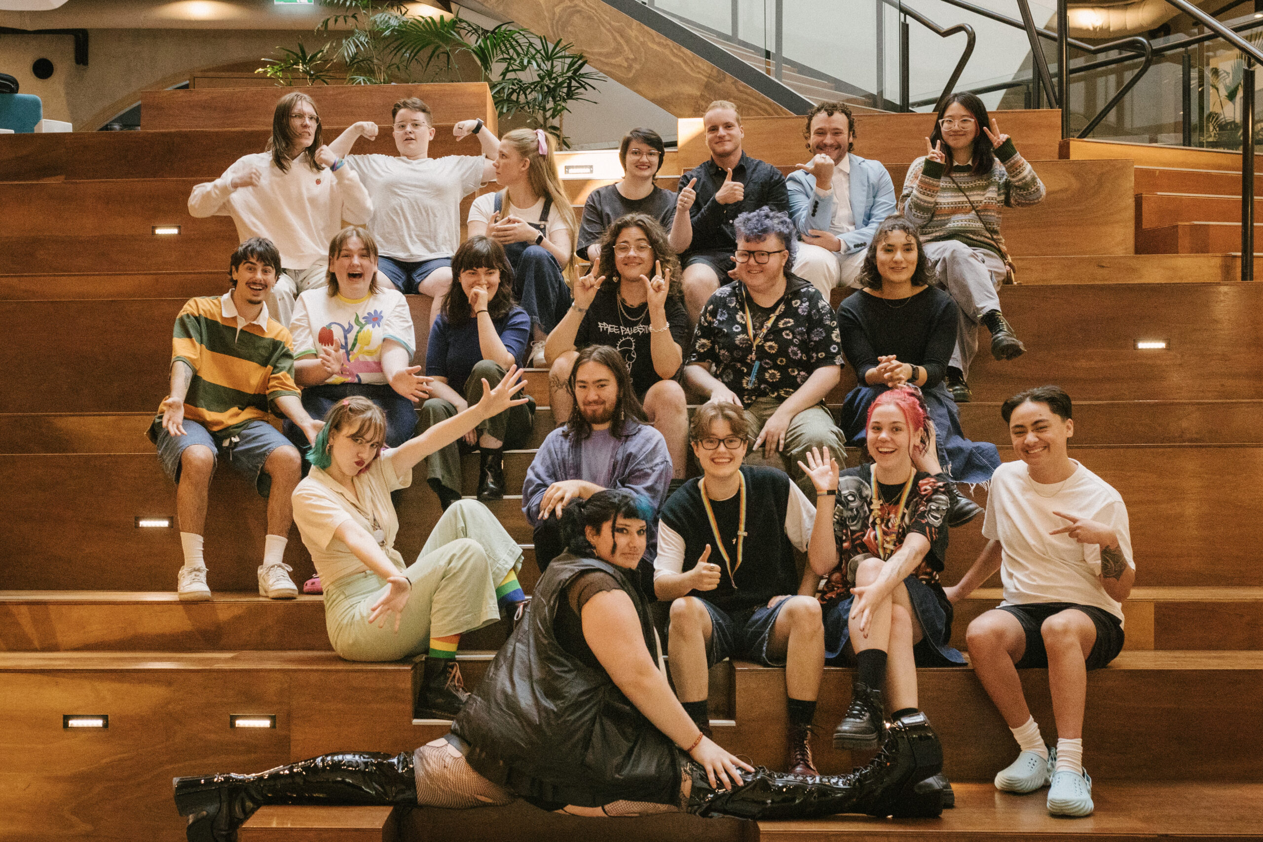 An image of the group of Minus18 Young Leaders Program pictured on the Atrium stairs of VPC