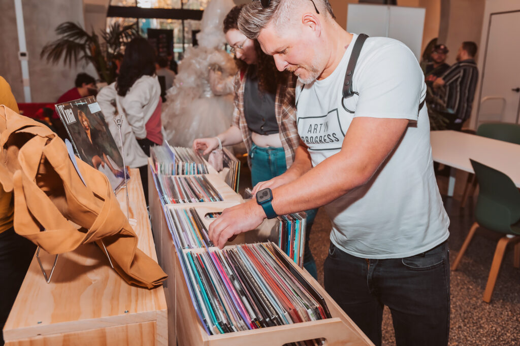 Person looking at records