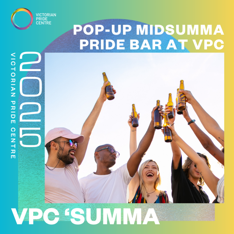 Promotional image of Pride Bar, people cheersing with beer