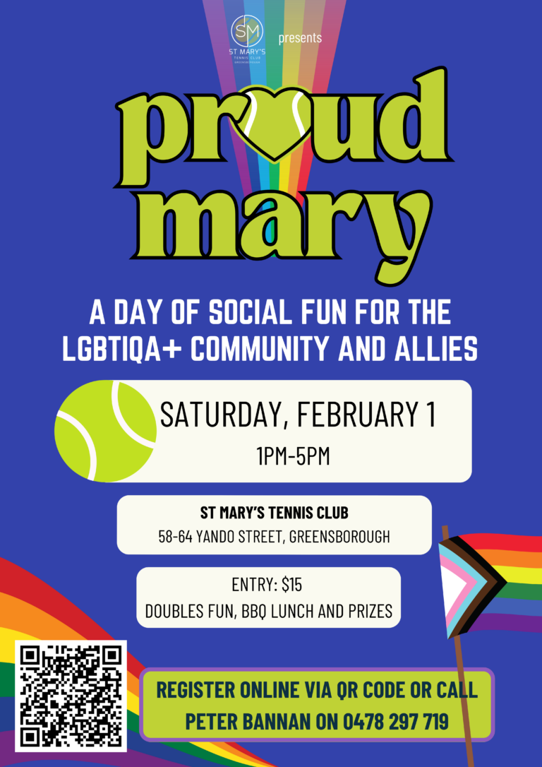 Proud Mary Poster for the tennis event on Saturday, 1st February, featuring the time, location, and an animation of a rainbow, a tennis ball heart, and a regular tennis ball.