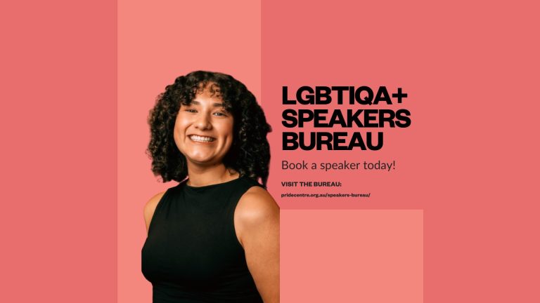 LGBTIQA+ Speakers Bureau poster with a cut out headshot of one of the speakers.