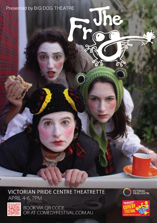 Event poster for MICF, with an image of three people dressed in clown makeup, a frog, a fly and a classic clown. They all lean over a bathtub, holding sandwiches and Tea