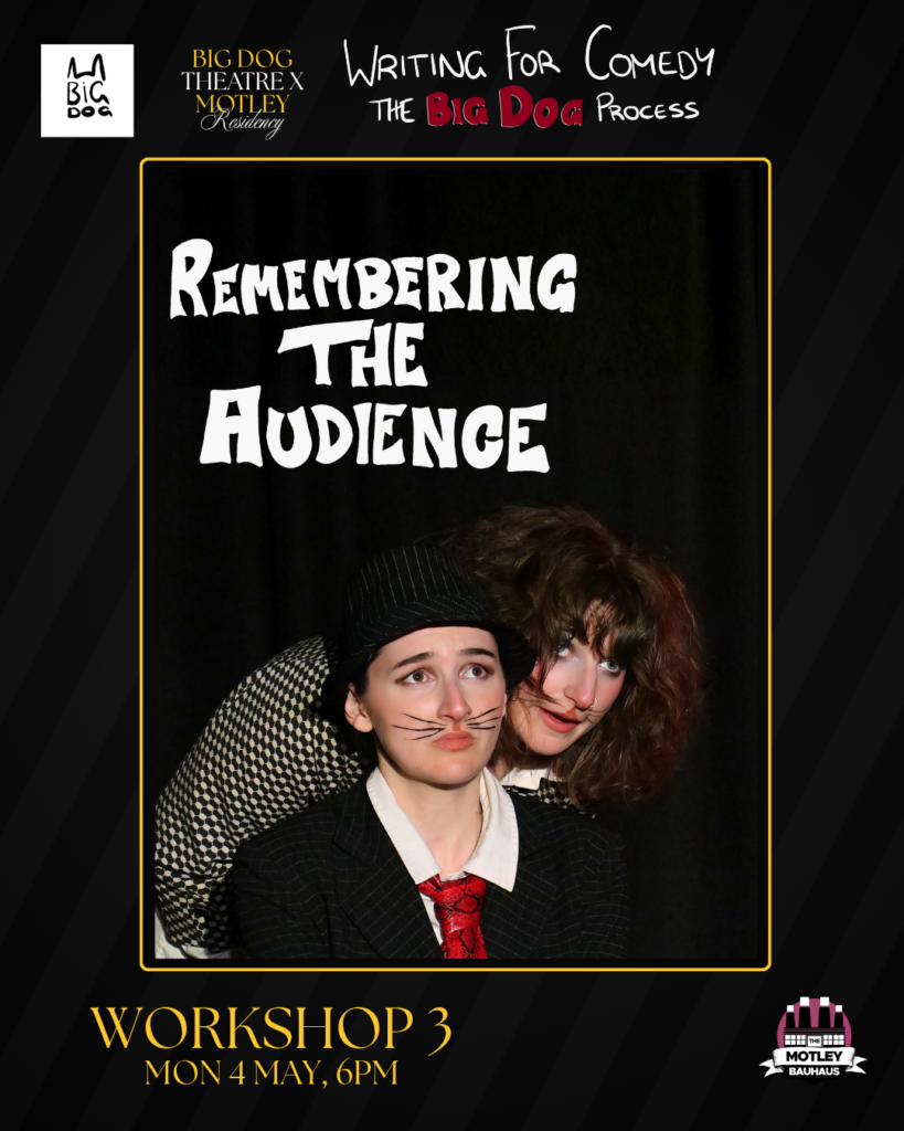 Two people dressed as rats stare beyond the camera, the title 'remembering the audience' is the focus of the image