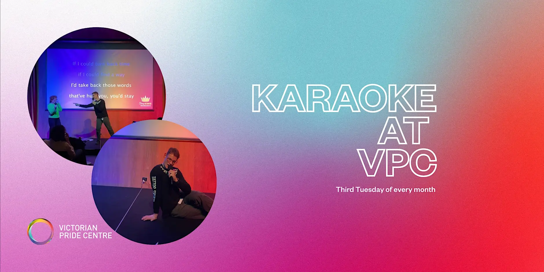 Karaoke at VPC Banner with two images of people singing in the VPC Theatrette