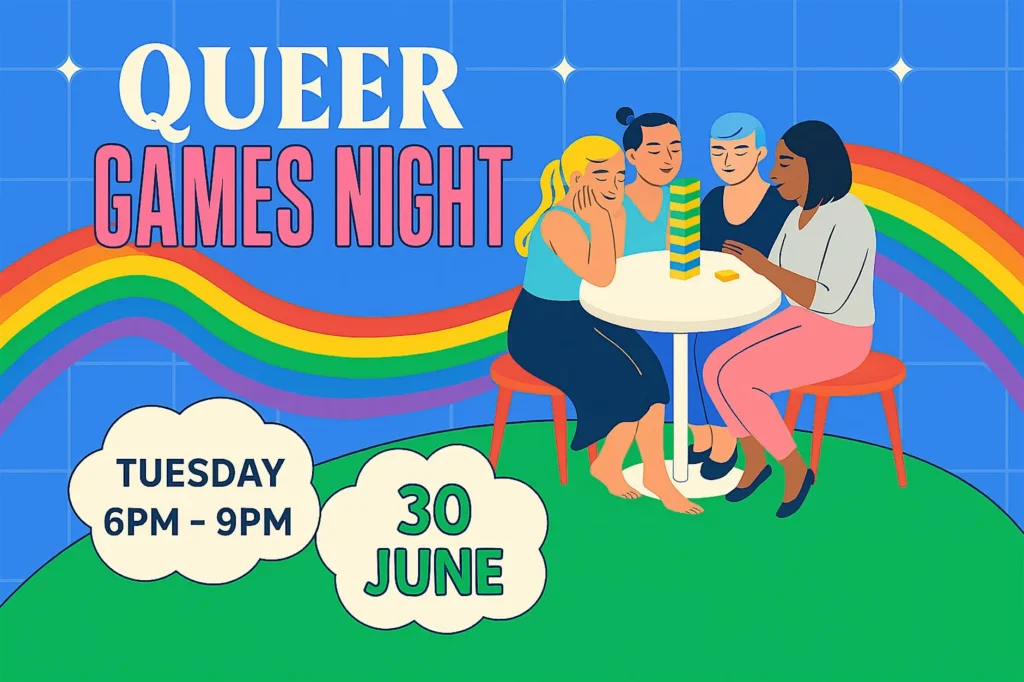 Queer Games Night Poster with people gathering around a table playing Jenga